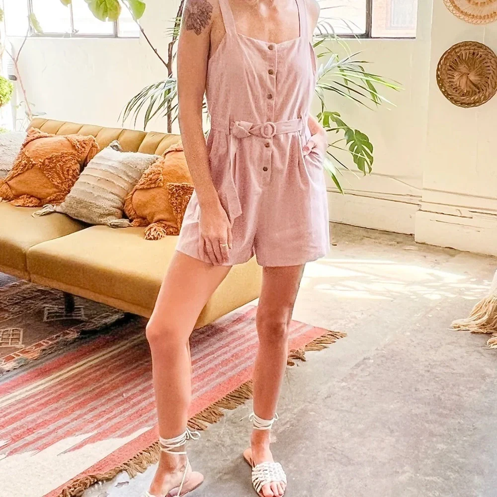 Coco + Jaimeson Snap front tencel pink white stripes‎ romper Sz S - Picture 6 of 7